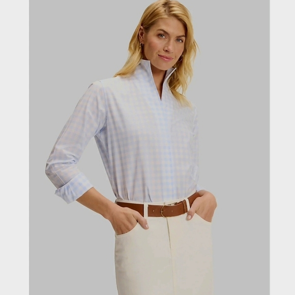 Sarah Alexandra Tops - Women’s Light Blue Gingham Button-Down Shirt